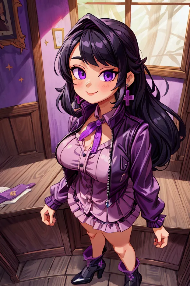 "masterpiece, best quality, 1 girl, black hair, medium long hair, purple eyes, standing indoors with intricate details and sunli...