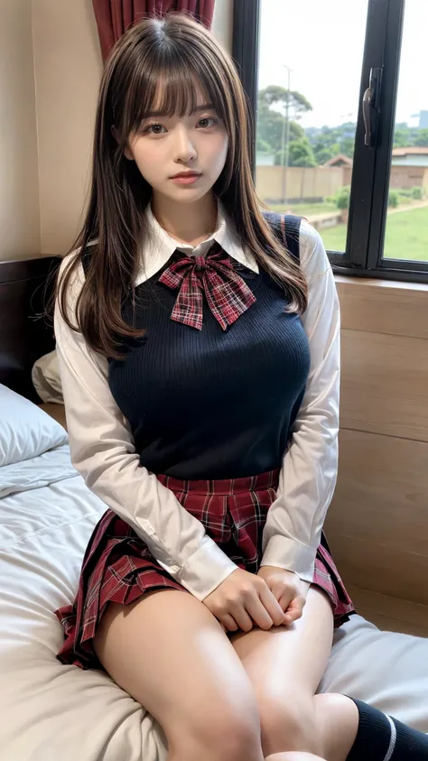 (((8k、 Kampala、Best Quality、 Kampala)))Alone、 Natural body shape 、 white skin、 Natural makeup 、 Black Hair 、bangs、Long straight hair、、(( high school uniform )) 、(( long sleeve blouse with white collar ))、(( Red Plaid Pleated Skirt))、(Red school ribbon)、、Bi...