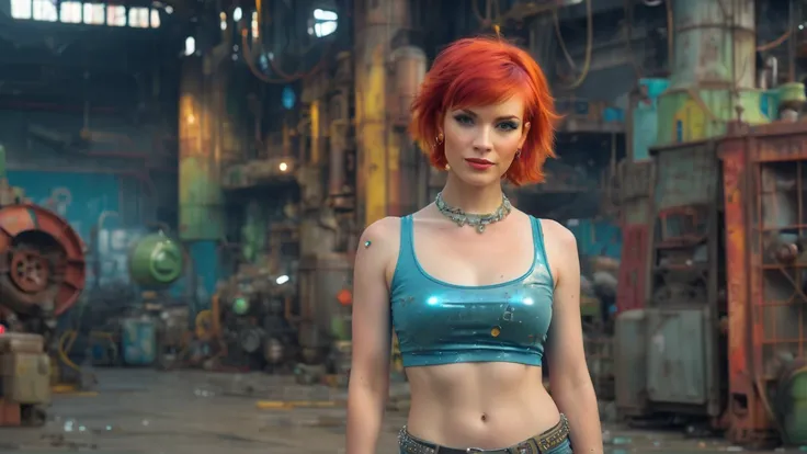 Bright colors, redhead bimbo tankgirl, short hair, busty, cleavage, beautiful women, kind personalities, elegance, dynamic pose, arms crossed, not standard perspective, women wearing post-apocalyptic tankgirl outerwear and translucent very short tight  wit...