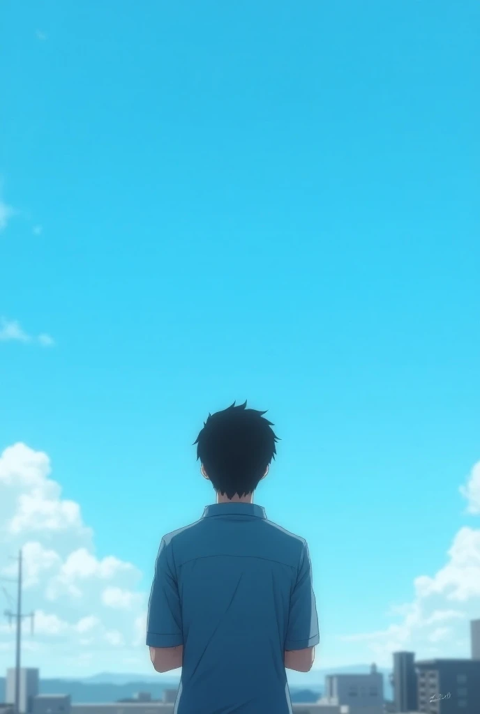 realistic.  Man looking up at the sky from the roof. Man turning his back .  black hair. blue shirt. clear sky. 