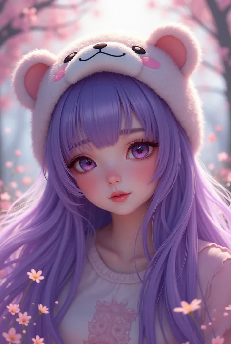  purple long straight hair, , bear hat ,  cute , Pretty girl