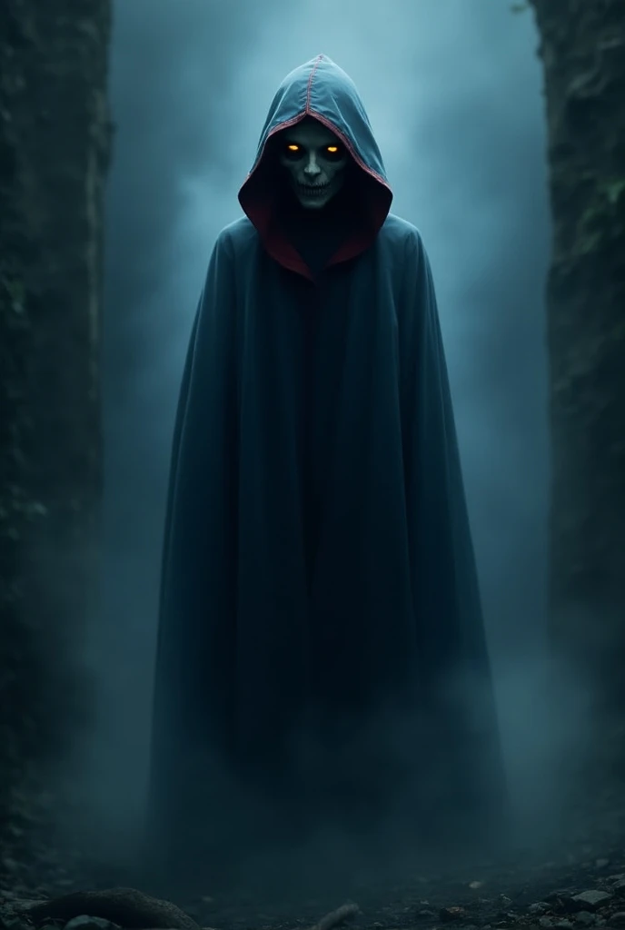 Green ghost wearing long dark-blue coat with a hood with red stripe. It has black eyes and orange glowing pupils