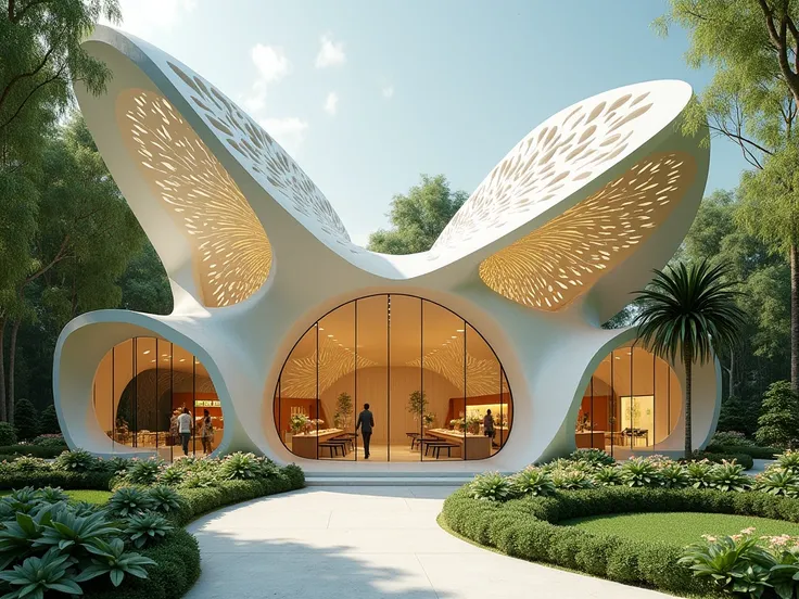 Design a Flower Shop Inspired by Butterfly Biomimicry

Create a flower shop that draws inspiration from the delicate and elegant form of a butterfly. The architecture should feature wings as the primary design element, with sweeping, symmetrical curves and...