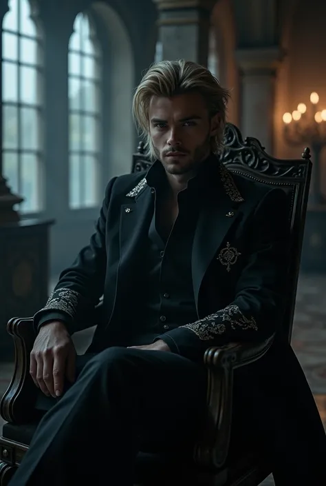 Imagine Victor, a handsome adult man with chin-length, medium-blond hair styled in layered cuts, blending rebellion with elegance. He sits gracefully in a grand, mist-filled gothic room, his profile partially obscured by the haze that lingers like a veil o...