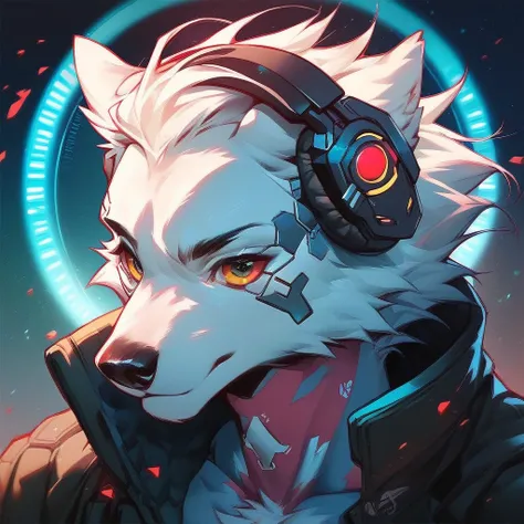 Cyberpunk, cyberpunk city, ((score_9, score_8, score_7)), (highly detailed), detailed background, anthro, head shot, beautiful eyes, unique pose, ((Expressiveh)), male, white wolf, hologram halo, cyberpunk clothes, unique colors, headphones,