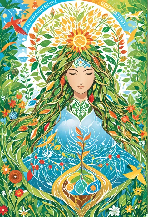 Design a mural-style artwork featuring a mother and  symbolizing the nurturing spirit of Mother Nature and the future of sustainability. The mother’s flowing hair represents the 17 United Nations Sustainable Development Goals (SDGs), intricately woven with...