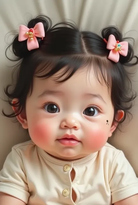 Create an Asian baby girl with curlers and a mole on the side of her right cheek, narrower eyes
