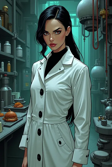 Mad scientist. Evil lithe scientist. Slicked back black hair covering one side of face. Tight closed white long sleeve lab smock with black buttons. Comic style. In an evil sci-fi lab.