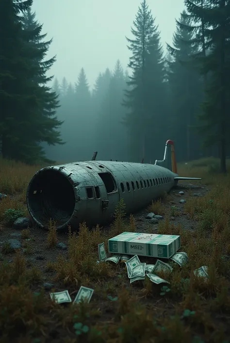 There will be a wreckage of a plane lying in the forest and some dollar boxes and dollars lying next to it which a person is retrieving, the frame size of the picture will be 16:9, realistic look and cinematic.