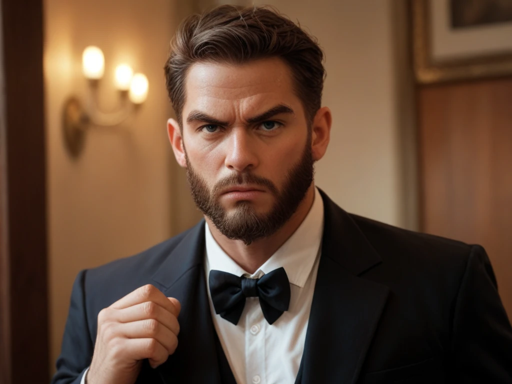  A detective man, serious and attractive , Tied, angry,beard