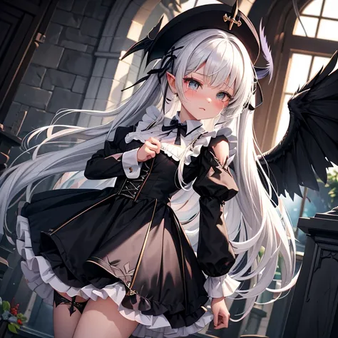 Light streaming in,Black Feather,big wizard hat, black dress, Frilled Dress ,Ruffled mini skirt,Big ribbon on the back, standing showing your back,There are lots of graves of crosses , is crying,, long white twin tail hair、Young cute girl,Beautiful clear w...