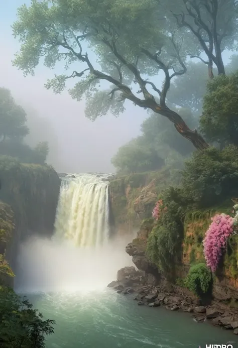 style, ChromaV5, nvinkpunk, (extremely detailed 8k CG unit wallpaper), an image of a majestic river, trees on the sides , small waterfall, intense fog, award-winning photography,  chromatic aberration , detailed, HDR, bloom, Monet STYLE, Pissarro and Sisle...