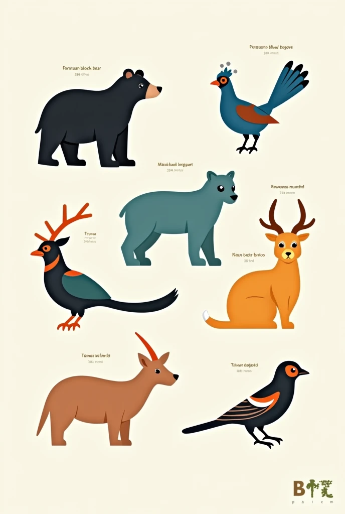 Please draw five unique Taiwanese animals and five native Taiwanese animals. The shapes and outlines are suitable for board game-sized colored tokens. The names of the animals should be written on the tokens, in a minimalist style.