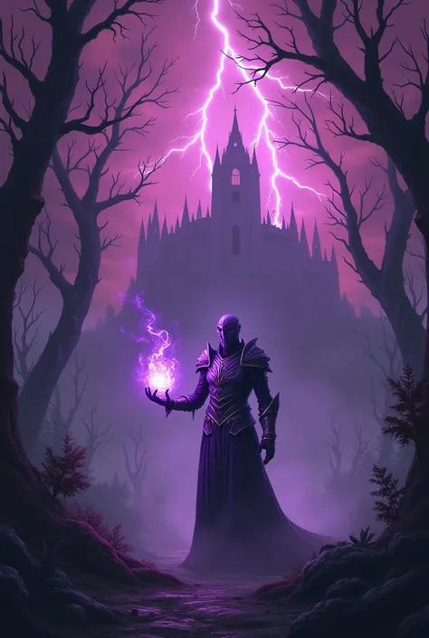 A dark purple forest with red sky and lightning and a faceless spirit in purple armor holding a flaming purple ball behind a giant castle