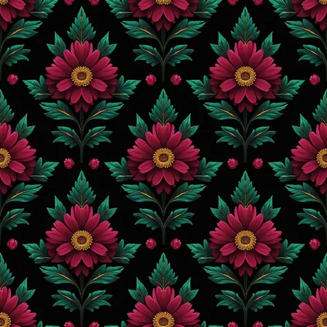 Create a symmetrical, repeating pattern  a Neo-Noir floral pattern with a dark black background,featuring deep burgundy flowers , emerald green leaves , and metallic gold accents . add subtle neon blue highlights for a modern touch elements 