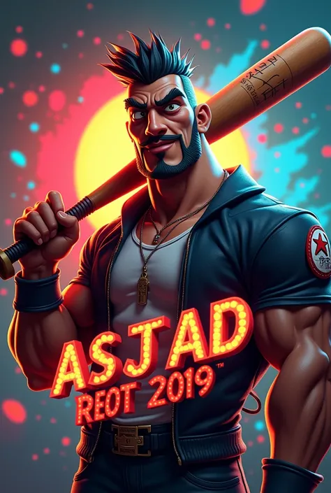 create a 3D disney banner element design of a gangster holding a baseball bat with writing "ASJAD REOT 2019"