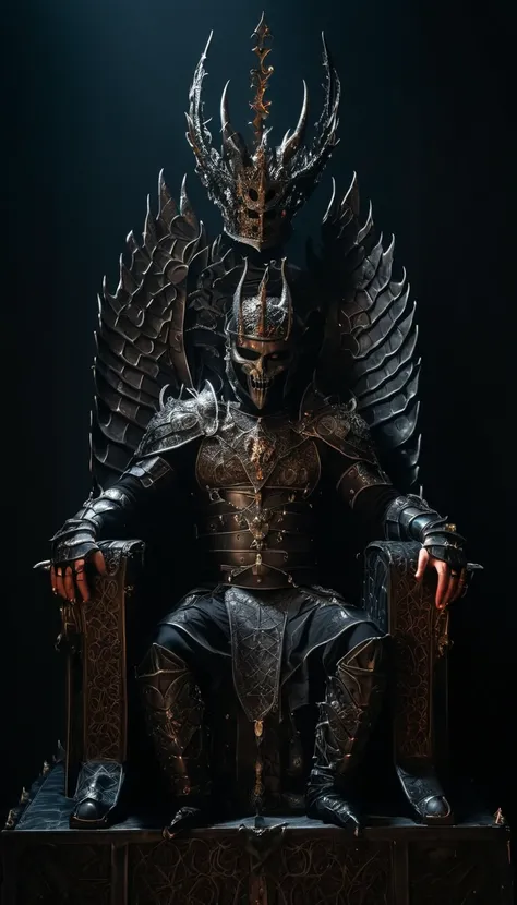 Low light and shadow style , an intricate body armour of a devil knight wears intricate kings crown on top his head sit on intricate large throne with dark hell as the background 