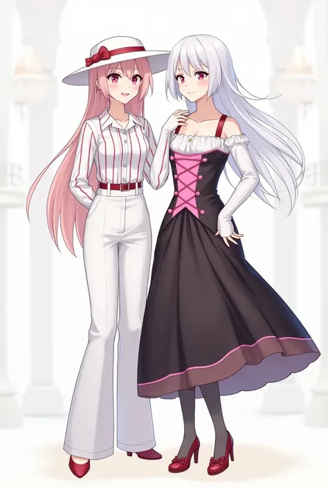 The entity Maria Razor  (wearing white pants,  white and red striped blouse and hat).
Side by side like friends with the dove twirling  (adult),  wearing a black and pink corset dress .