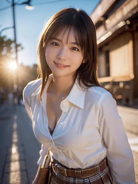 (highest quality,masterpiece:1.3,ultra high resolution),(Super detailed,caustics,8k),(photorealistic:1.4,RAW shooting),1 girl,(smile and look down at the camera),(front shot:1.1),(face forward),16-yearold,cute,Japanese,schooluniform,glamorous,(big boobs),(...