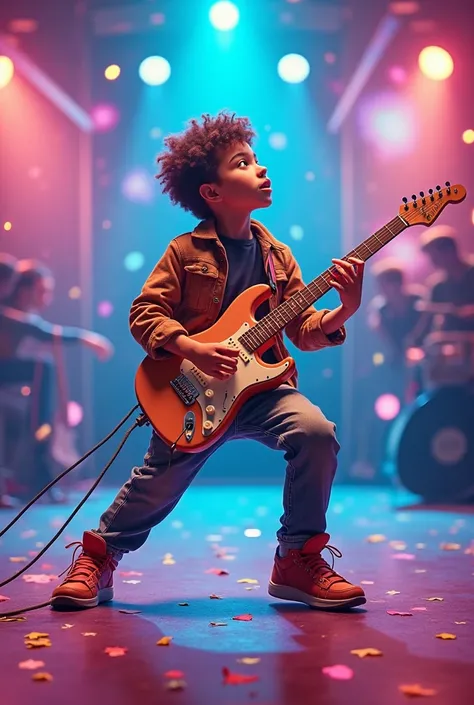 Here is the hybrid image of a young boy holding a guitar in stylish poses on a vibrant stage, blending human and fantastical elements in a lively atmosphere.