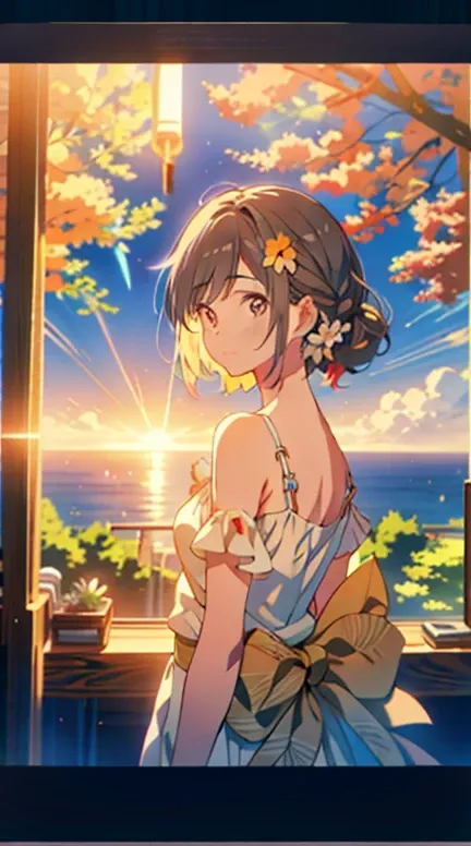 Picture of the Sun Shining Through Tree Leaves , flower, hanging flower, Daisies, Makoto Shinkai.  high detail, multicolored flower, Rose, too much growth. by Makoto Shinkai,  colorful , praise, Illustration, Anime style,  reflections . by Makoto Shinkai, ...