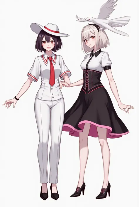 The entity Maria Razor  (wearing white pants,  white and red striped blouse and hat).
Side by side like friends with the dove twirling  (adult),  wearing a black and pink corset dress .