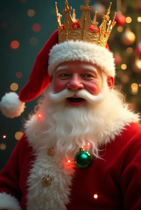 Santa Claus face with crown on his neck full of lights and Christmas balls