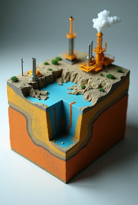  Create representation of a 3D physical model of a static hydrocarbon reservoir model,  showing how the reservoir volume is visualized using simple materials .  The model must reflect the structure of the reservoir in a realistic way , with geological laye...