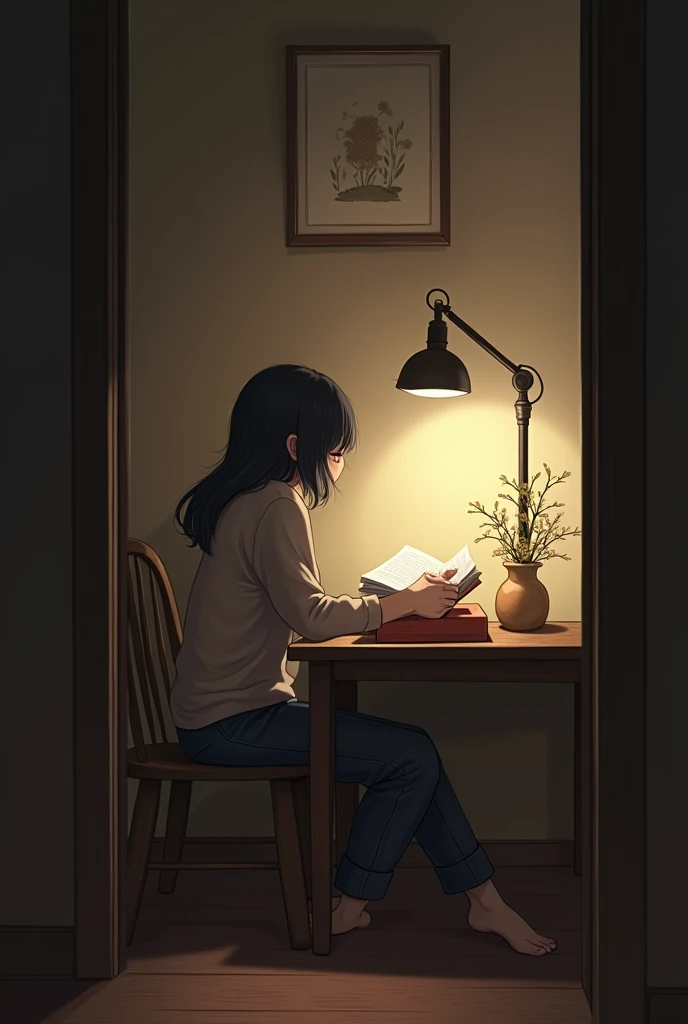 .  There is a wooden table in the corner of the reading room 。There is one on it。A desk lamp in the corner of the table 。 A small vase with flowers and a stationery box with no window