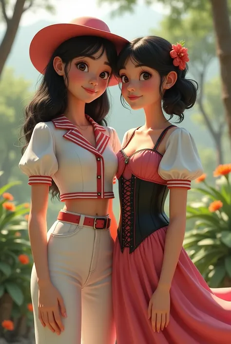  realistic image , The entity Maria Razor  (wearing white pants,  white and red striped blouse and hat).
Side by side like friends with the dove twirling  (adult),  wearing a black and pink corset dress .