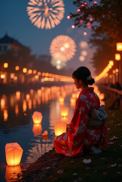 A woman wearing kimono kneeling by a river to drop a floating lantern , there are plenty floating lanterns flying already there are other people dropping floating laterns too. There are fireworks in the sky , tehre is a traditional floating lanter festival...