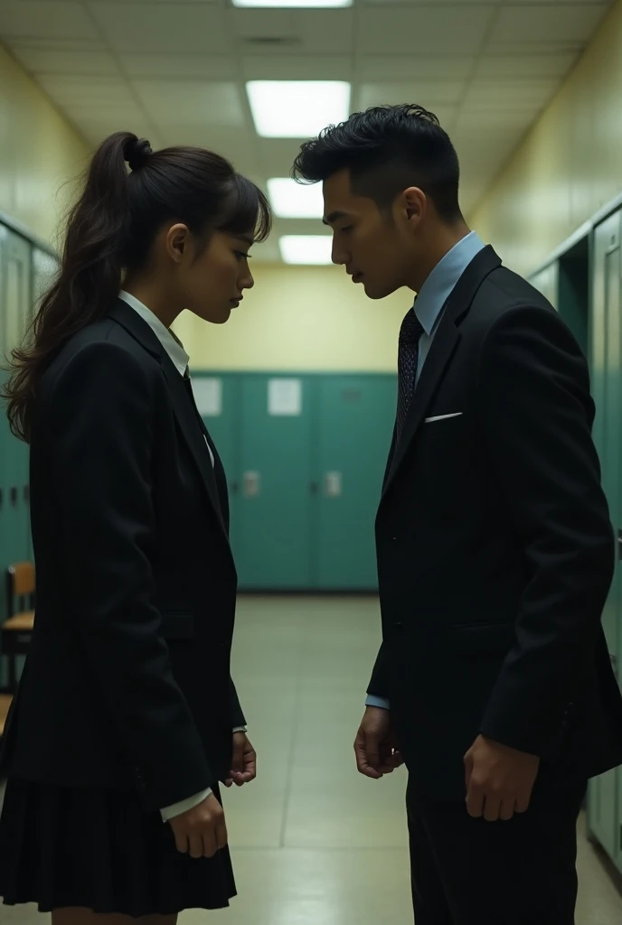 Woman and man enemy two-person school theme
Facing each other in school clothes