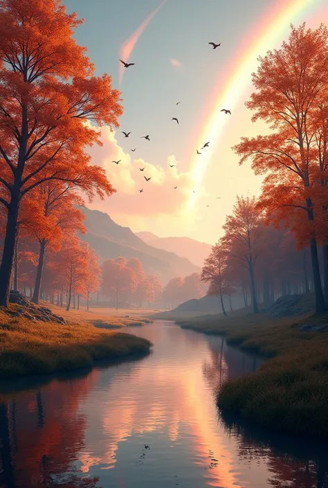 A realistic landscape with autumn-colored trees, a rainbow and birds in the sky 