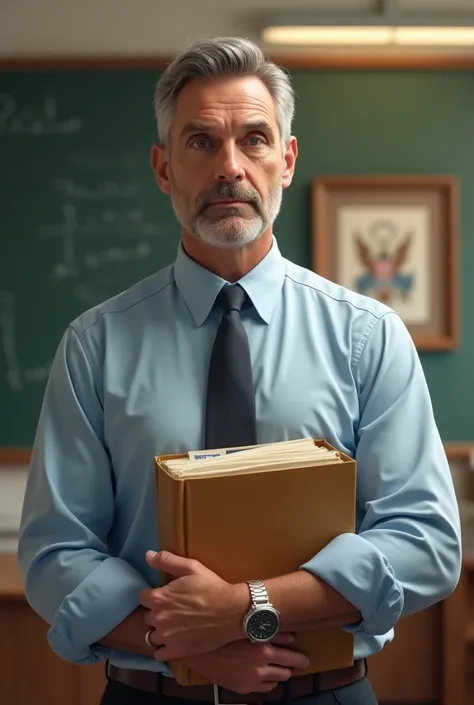 Man teacher holding file close to chest
