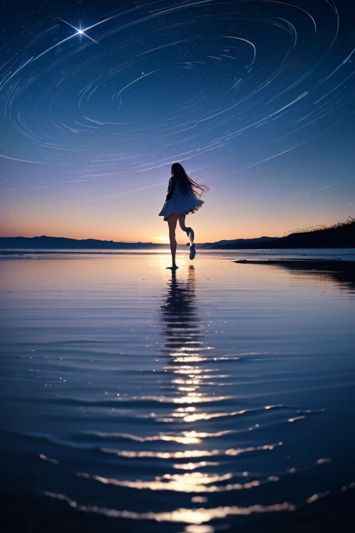  Images of Women Standing on the Beach at Night, Stars reflected on the surface of the water々, anime girl walking on water, Have、Ground on Water ,  Beautiful Girl on the Horizon ,  Blue Hour Stars ,  night sky reflecting water ,  Standing on the Beach at S...