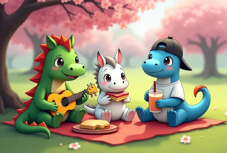 a digital photo of a green dragon, a white horse, and a blue monitor lizard having a picnic at the park. the green dragon is sitting on the left, strumming a bright yellow ukulele happily; the white horse is sitting in the middle, and he is holding a piece...