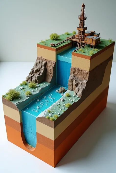  Create representation of a 3D physical model of a static hydrocarbon reservoir model,  showing how the reservoir volume is visualized using simple materials .  The model must reflect the structure of the reservoir in a realistic way , with geological laye...