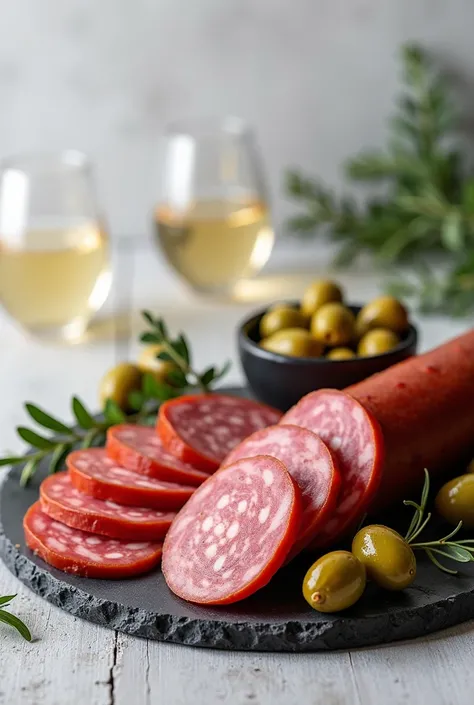 affiche vente de saucissons en tranches et charcuterie pour apéritif avec des décoration dolives de verres...sans titre en noir et blanc