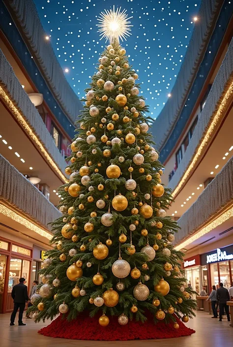 Generate an image of generates a photo-style image of a Christmas tree inside a shopping mall .

The tree must be very large
It must have a lot of lights
color of the ornaments between gold and silver
 The green branches with branches with snow
The star mu...