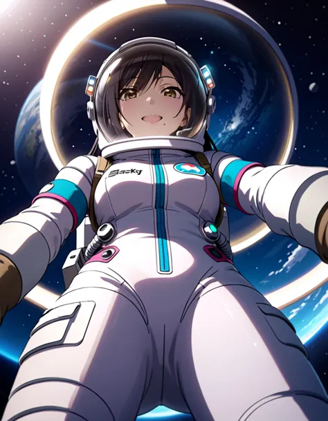 (spacesuit:1.15), white cargo pants, astronaut)bubble helmet, space helmet, white gloves , , looking close at you, outer space, ...