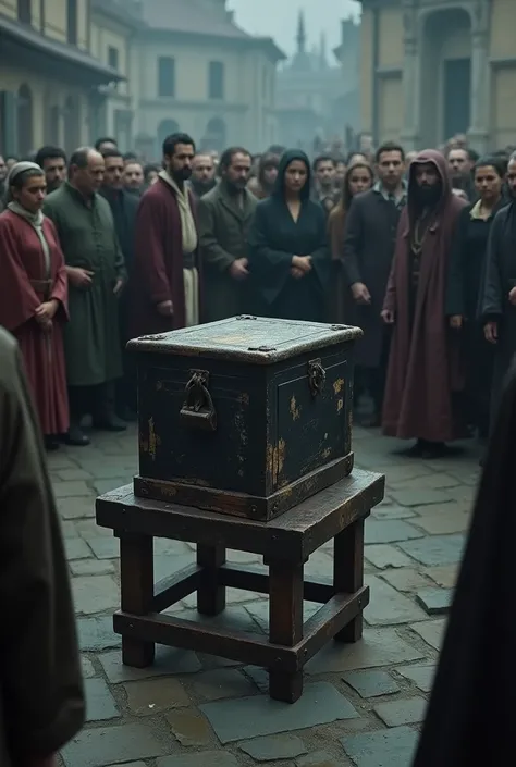 The worn, black wooden box is placed on a small, weathered stool in the center of the square. The crowd circles it, their faces solemn. The box looks ancient, with chipped paint and a dark aura."