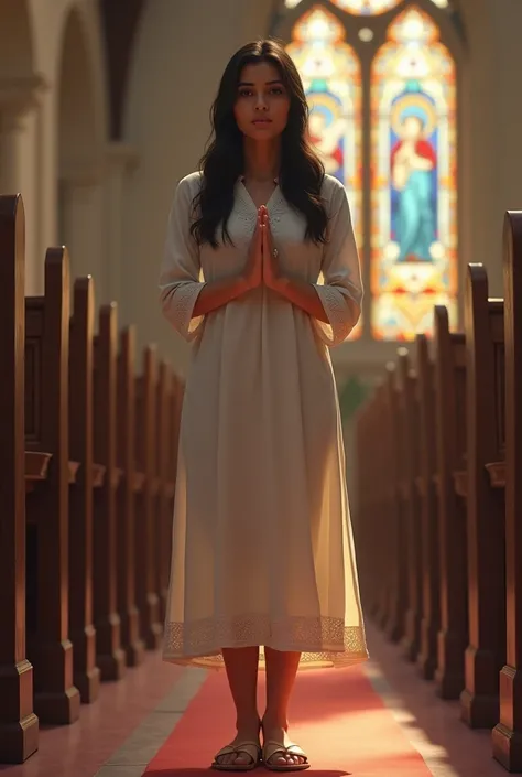 25 year old indian christian girl wearing 3/4th sleeve frock in church and wearing flat slipper in church