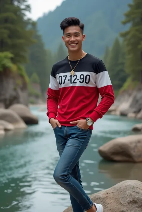 a handsome 27 year old Asian man, short and neat hair, wearing a long-sleeved t-shirt with a combination of red, white and black that says "07-12-90", wearing a necklace, wearing a watch, wearing jeans and white shoes, is posing elegantly beside the rocky ...