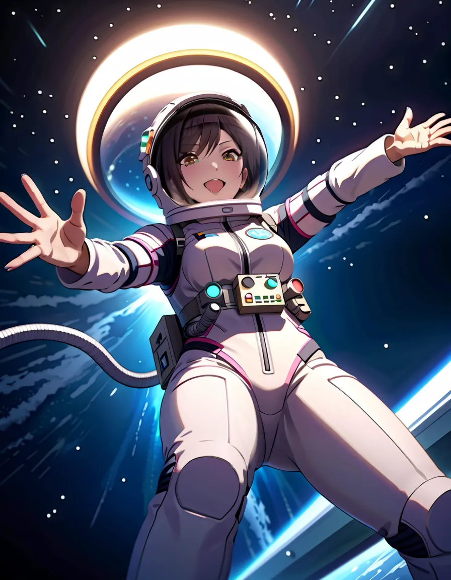 (spacesuit:1.15), white cargo pants, astronaut)bubble helmet, space helmet, white gloves , , looking close at you, outer space, ...