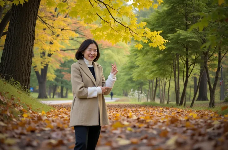 A beautiful short Korean woman in her 50s 、Short medium-length hair、 Top Quality 、Very detailed、 High quality detail 、8ｋ、autumn forest、 Beautiful Korean woman in her 50s . I was wearing a luxurious beige sweater and a luxurious long jacket. Im wearing luxu...