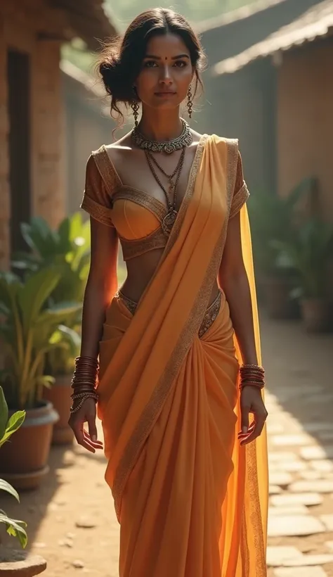 Indian woman, voluptuous, sexy,thin waist, wife hips, plain saree, visible clevage, village background,traditional woman, standing, elegant, woman in hairbun