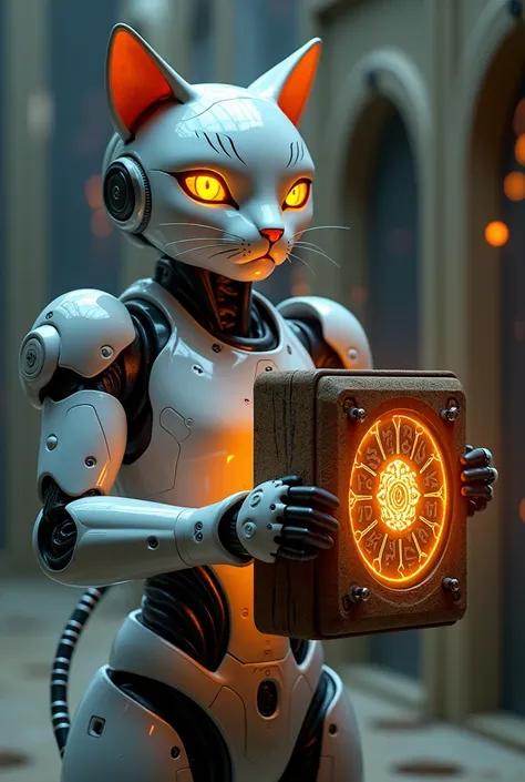 "A futuristic robotic cat presenting a mystical gadget resembling an ancient wooden door with glowing, otherworldly runes etched on it."