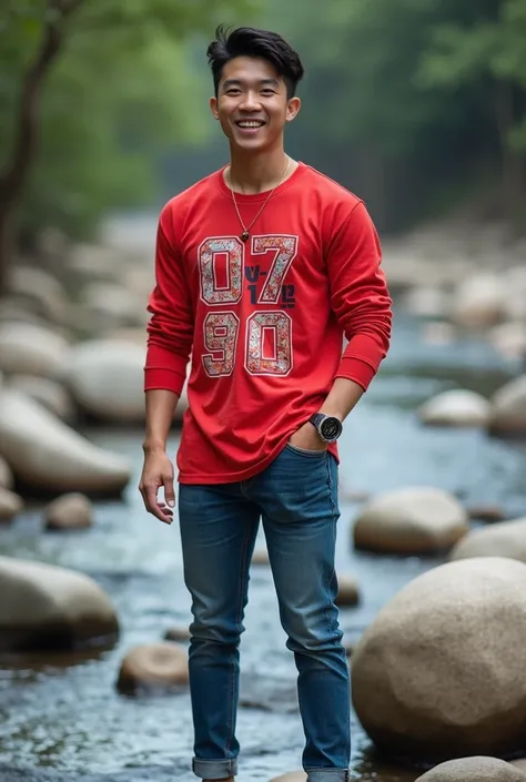 a handsome 26 year old Asian man, short and neat hair, wearing a long-sleeved red t-shirt with a pattern, and the words "07-12-90", wearing a necklace, wearing a watch, wearing jeans and white shoes, posing elegantly next to River of rocks, cheerful expres...