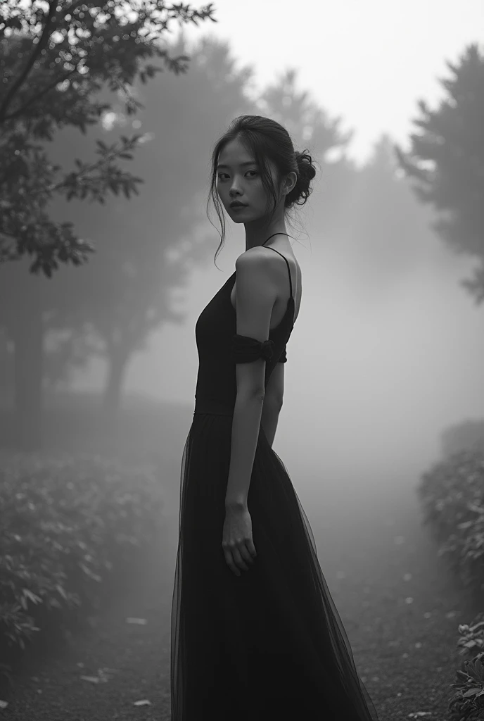 Black and white portrait of a young Japanese woman in an elegant dress, in the style of Peter Lindbergh. Full body portrait of the model looking into the camera, surrounded by mist, in the middle of a Tokyo garden.