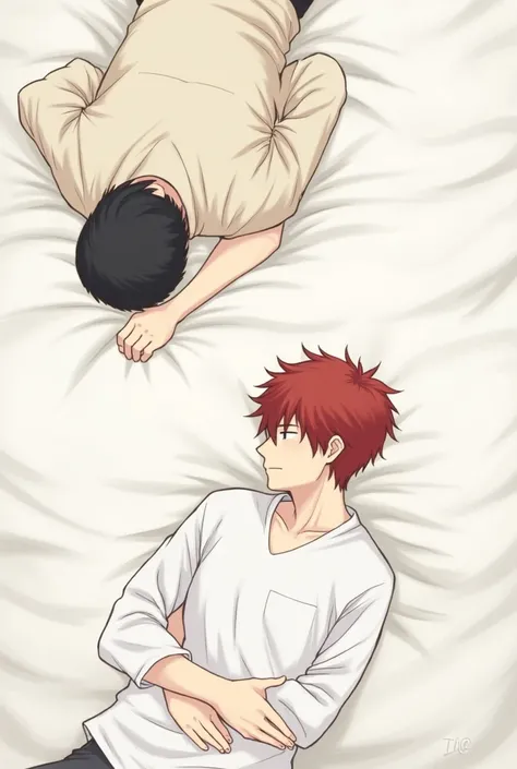 A mans manga, black hair, wearing a cream shirt, lying on his back in bed, red hair, wearing a white shirt, lying face down, a man lying on his back, black hair, white bed linen.